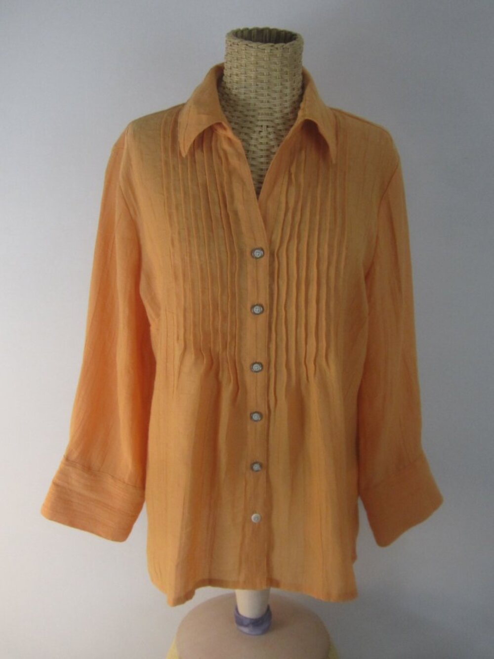 Coldwater Creek Women M Orange 3/4 Sleeve Rayon Bamboo Pleated Tunic Shirt Top